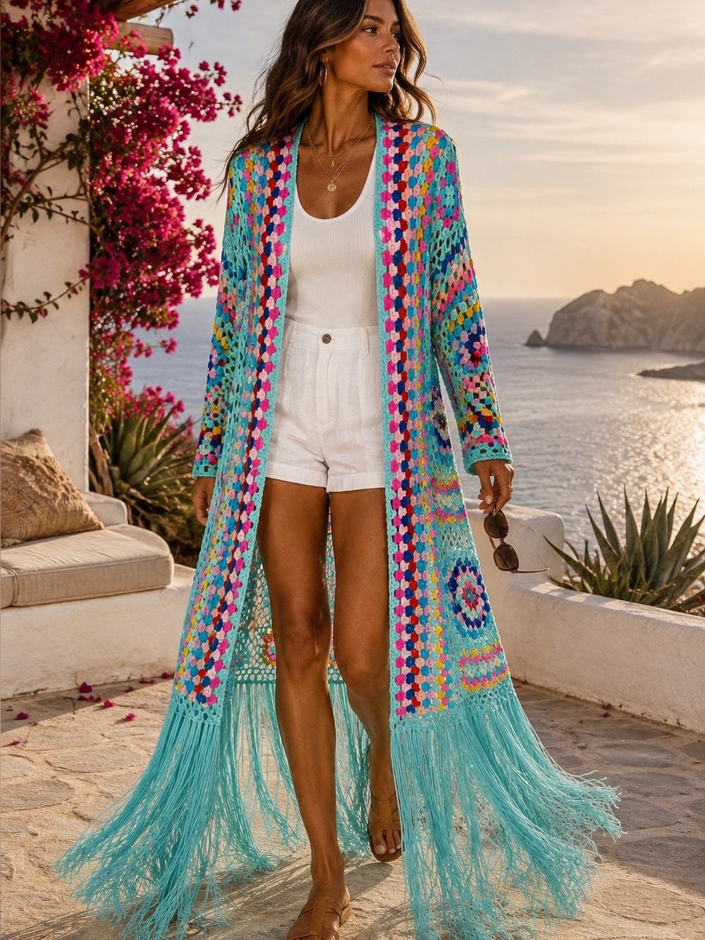 GRANNY SQUARE Open Crochet Dopamine Dressing Fringed Multicolor Cardigan, O/S